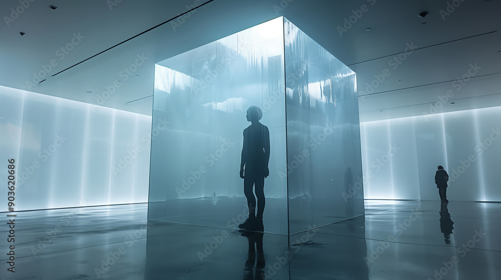 Silhouette of a Woman Inside a Translucent Cube in a Futuristic Gallery Silhouette of a Woman Inside a Translucent Cube in a Futuristic Gallery