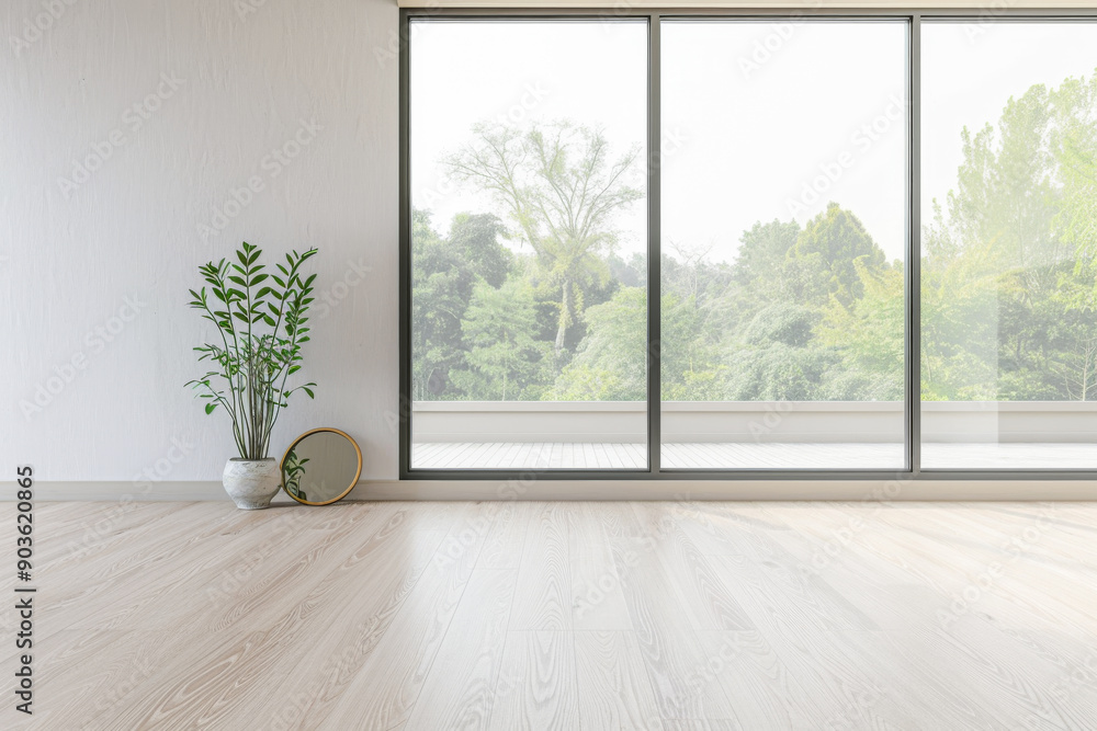 Obraz premium Property interiors design composition with minimal furniture, a mirror next to a large window and plain lighting. Elegant Residential interiors with copyspace.