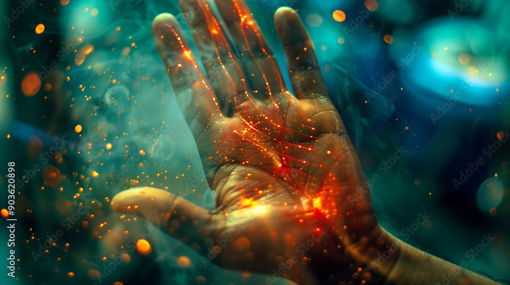 Enigmatic Palm Illuminated in Glowing Sparks, Mystical Energy Concept Enigmatic Palm Illuminated in Glowing Sparks, Mystical Energy Concept