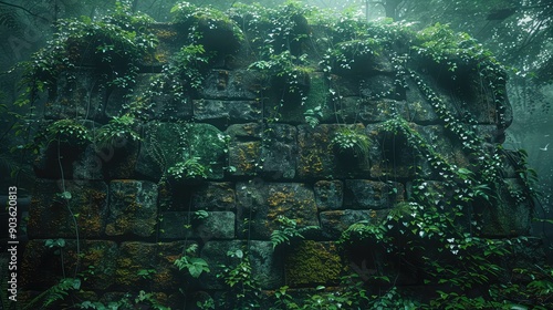 Fototapeta Naklejka Na Ścianę i Meble -  A large cracked stone wall covered in moss and vines hidden in the dense jungle environment