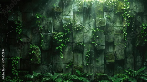 Fototapeta Naklejka Na Ścianę i Meble -  A large cracked stone wall covered in moss and vines hidden in the dense jungle environment