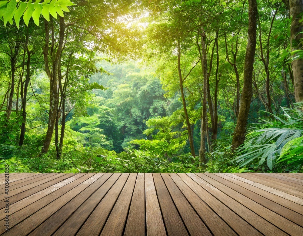 Green forest with wooden floor background Green forest with wooden floor background