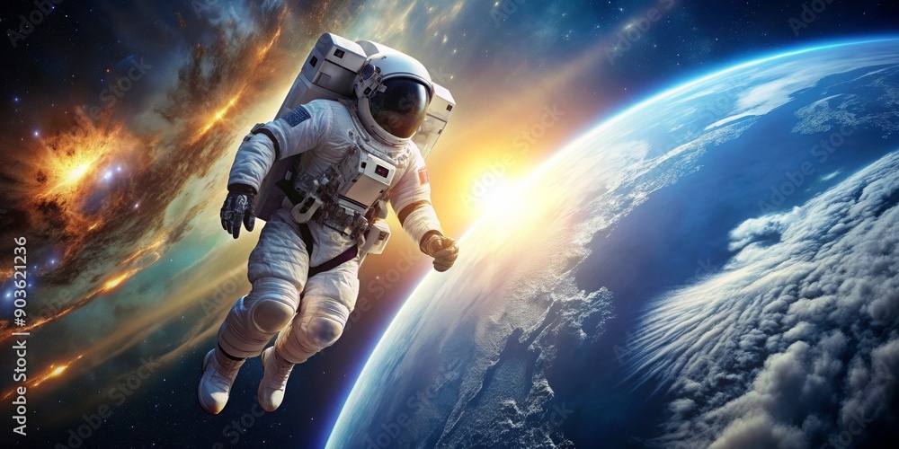 Fototapeta premium A striking poster featuring an astronaut floating in space with Earth in the background, astronaut, space