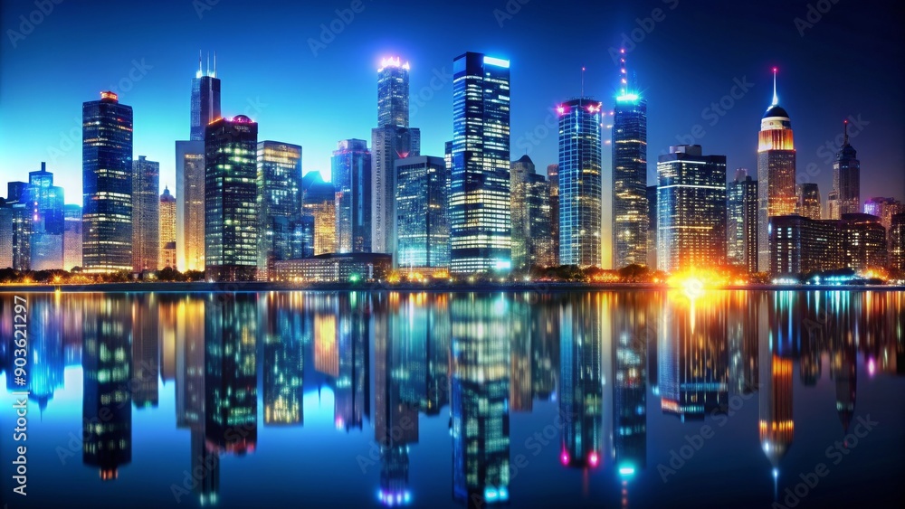 Fototapeta premium Cityscape at night with illuminated buildings and glowing lights , urban, nightlife, skyscrapers