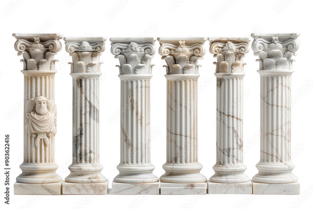 Six Classical Marble Columns with Detailed Capitals Reflecting Ancient Greek Architecture Six Classical Marble Columns with Detailed Capitals Reflecting Ancient Greek Architecture