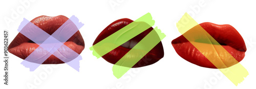 Silence, censorship, halftone collage. Women's lips are sealed with adhesive tape. Forbidden, no signal, quiet. Secret, do not disturb. Contemporary art, ban on freedom of speech, silence. Vector.