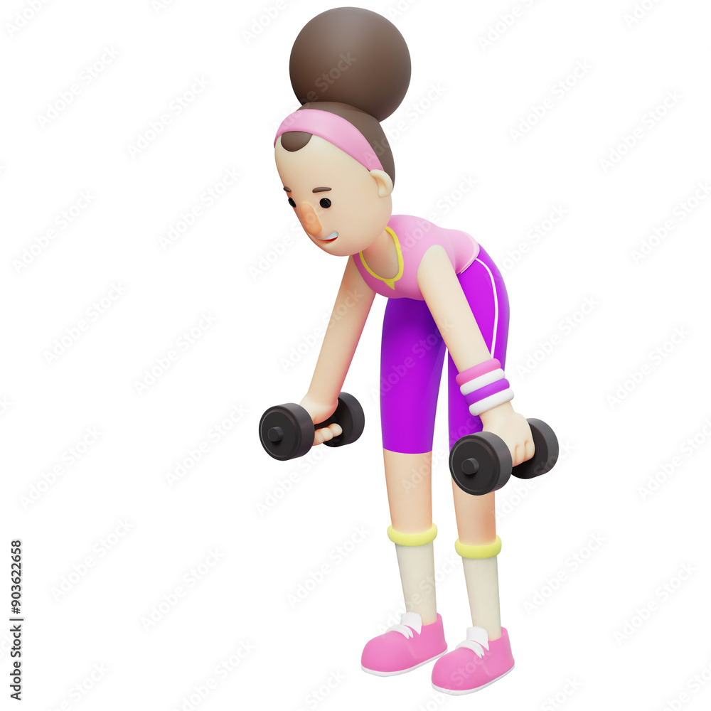 3D Yoga Poses Girl. Cartoon Character Performing Dumbbell Deadlift Exercise. Cartoon Character 3D Yoga Poses Girl. Cartoon Character Performing Dumbbell Deadlift Exercise. Cartoon Character