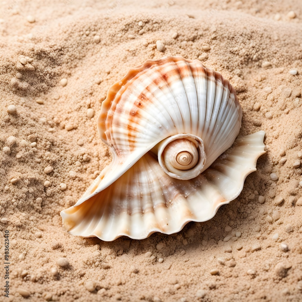 Seashell on a sandy beach at sunset  capturing tranquility and the beauty of nature.