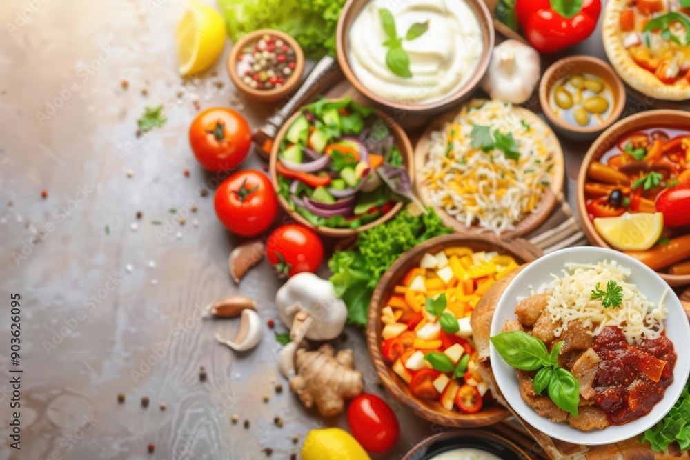 Food flat lay presenting an appetizing array of dishes and ingredients Food flat lay presenting an appetizing array of dishes and ingredients