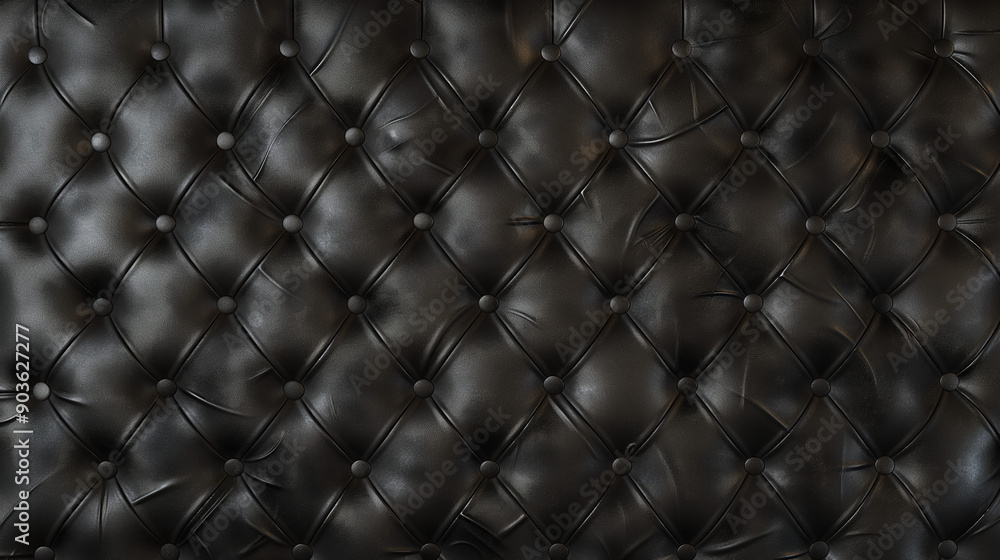 A textured pattern resembling a black leather or fabric surface. The pattern consists of diamond-shaped tufts evenly spaced, with buttons or rivets securing each tuft. The background is uniformly dark A textured pattern resembling a black leather or fabric surface. The pattern consists of diamond-shaped tufts evenly spaced, with buttons or rivets securing each tuft. The background is uniformly dark