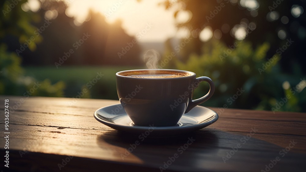 Obraz premium Cup of coffee on table in sunshine background 5.