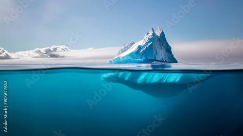 Wallpaper Mural An iceberg, with its tip emerging from the clear blue waters of the ocean. The majority of the iceberg is submerged underwater, with only a small portion visible above the waterline Torontodigital.ca