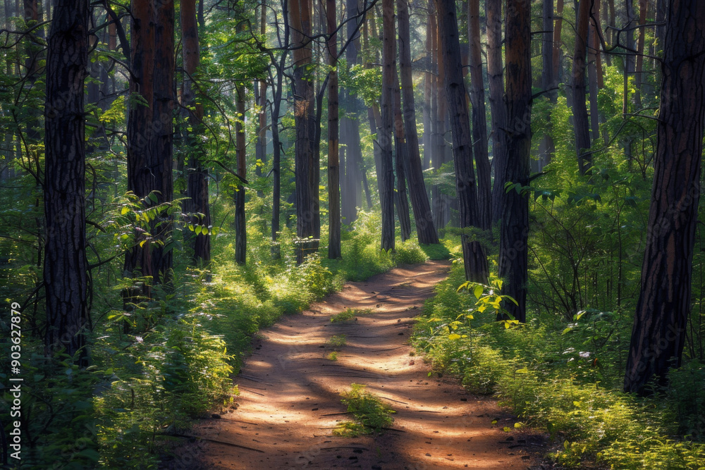 Obraz premium Sunlit Path Winding Through a Dense Forest