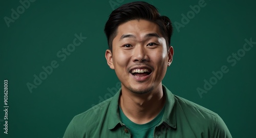 handsome asian guy in plain green background looking happy amazed surpised wow shocked expression with copy space © SevenThreeSky