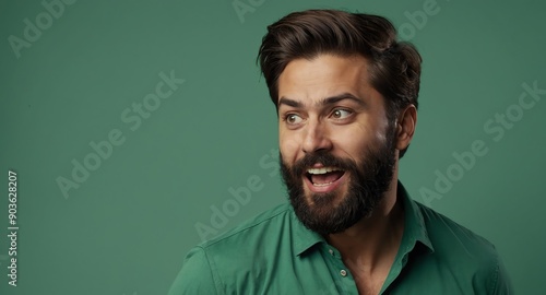 handsome bearded guy in plain green background looking happy amazed surpised wow shocked expression with copy space