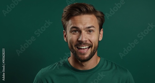 handsome caucasian guy in plain green background looking happy amazed surpised wow shocked expression with copy space © SevenThreeSky