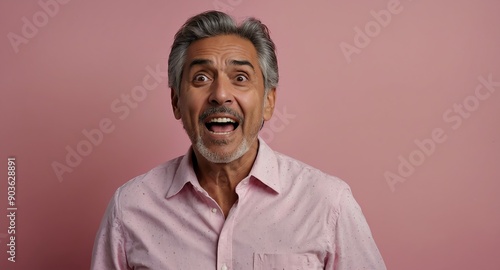 mature hispanic guy in plain pink background looking happy amazed surpised wow shocked expression with copy space © SevenThreeSky
