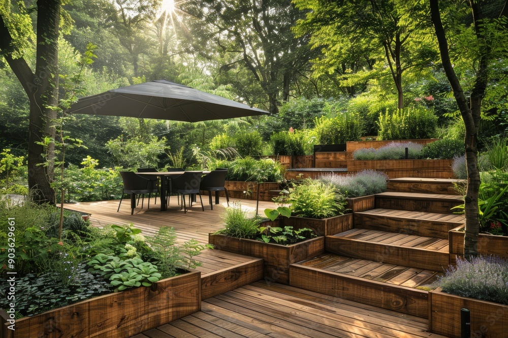 A contemporary backyard patio featuring a large dining table, black umbrellas, and an integrated grill set amid lush vegetation and wooden planter boxes. A contemporary backyard patio featuring a large dining table, black umbrellas, and an integrated grill set amid lush vegetation and wooden planter boxes.