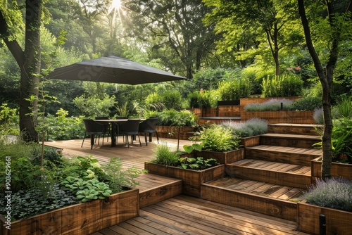 A contemporary backyard patio featuring a large dining table, black umbrellas, and an integrated grill set amid lush vegetation and wooden planter boxes.