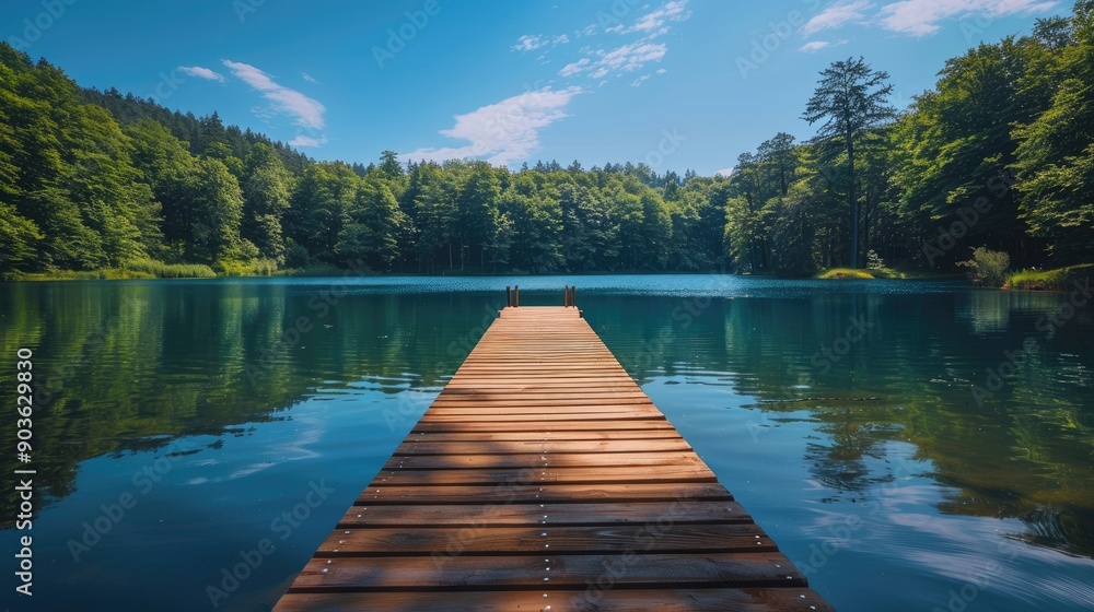 Fototapeta premium A serene scene featuring a wooden pier stretching into a tranquil, clear forest lake surrounded by lush green trees under a bright blue sky, ideal for relaxation and nature lovers.