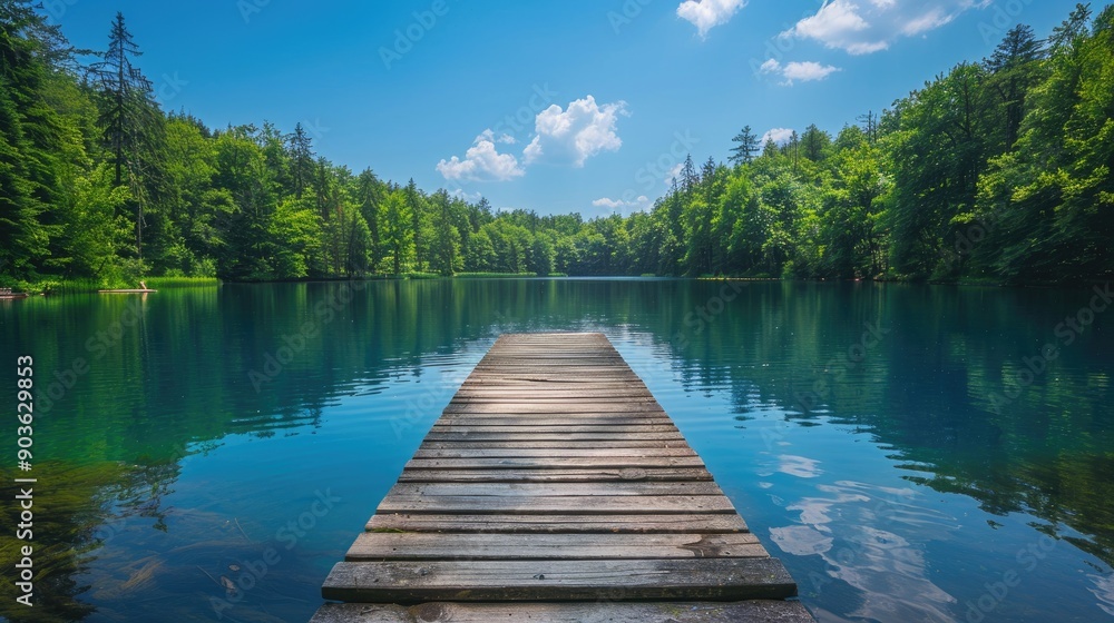 Naklejka premium A serene scene featuring a wooden pier stretching into a tranquil, clear forest lake surrounded by lush green trees under a bright blue sky, ideal for relaxation and nature lovers.