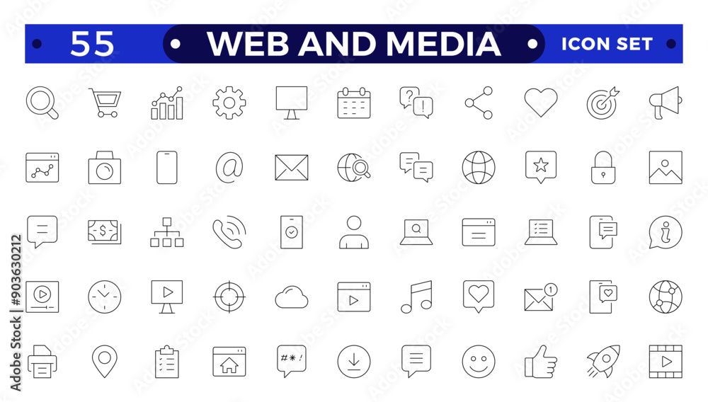 Web and Media thin line icons set. Web and Media thin line icons set.