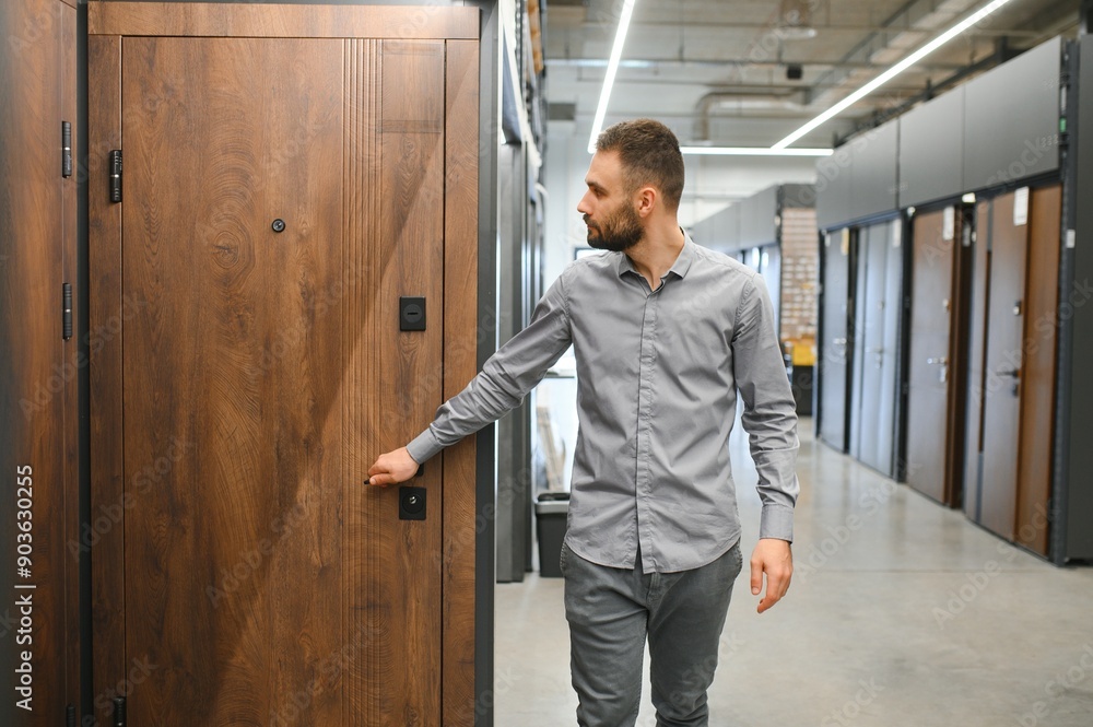 Buyer chooses door in store. Shop window of doors. A large selection of doors for house Buyer chooses door in store. Shop window of doors. A large selection of doors for house