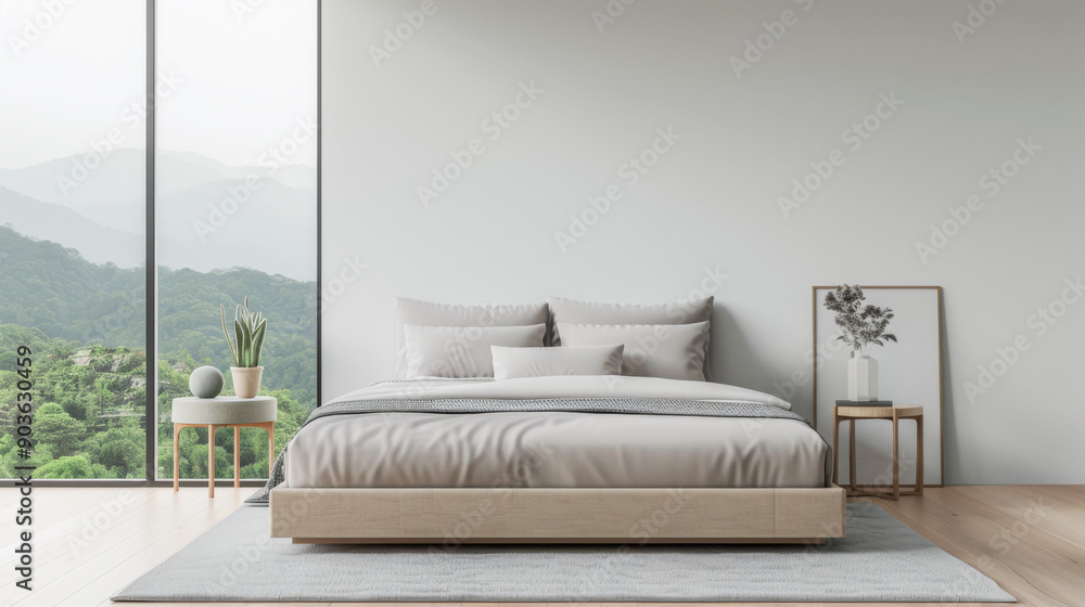 Fototapeta premium Luxury bedroom interiors with a modern bed next to a large window. Plain lighting and colors composition.