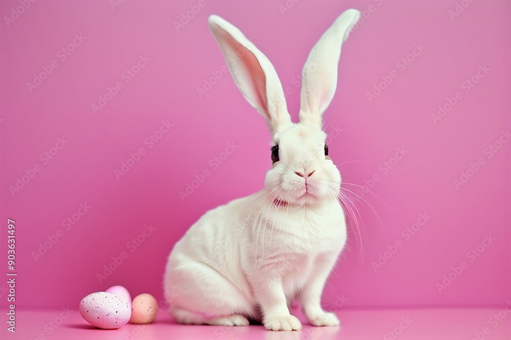 Fototapeta premium A cute couple of rabbits in pink sunglasses, set against a pastel background, perfect for Easter and bunny-themed designs.