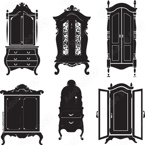 Boudoir Furniture Elegant Silhouette Vector Illustrations