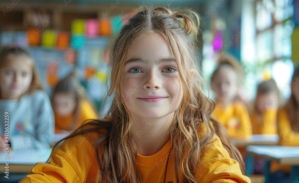 custom made wallpaper toronto digitalA smiling girl sits at a school desk, created with Generative AI technology.