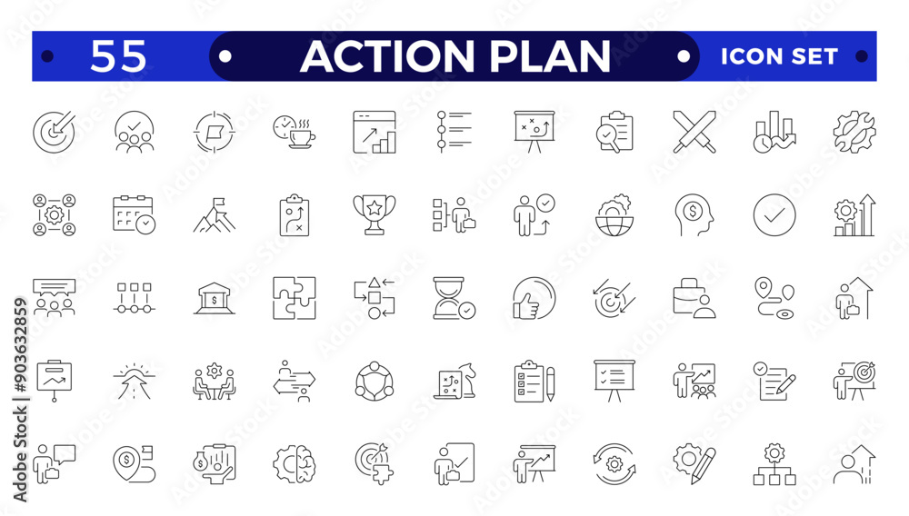 Action plan line icons collection. Business, strategy, startup, steps, target icons. UI icon set. Thin outline icon. Action plan line icons collection. Business, strategy, startup, steps, target icons. UI icon set. Thin outline icon.