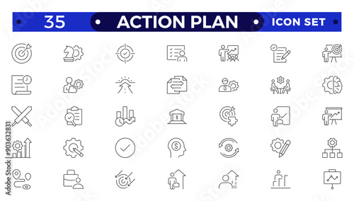 Action plan line icons collection. Business, strategy, startup, steps, target icons. UI icon set. Thin outline icon.