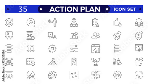 Action plan line icons collection. Business, strategy, startup, steps, target icons. UI icon set. Thin outline icon.