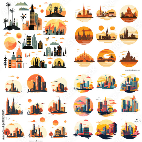 A collection of cityscape illustrations with a variety of buildings