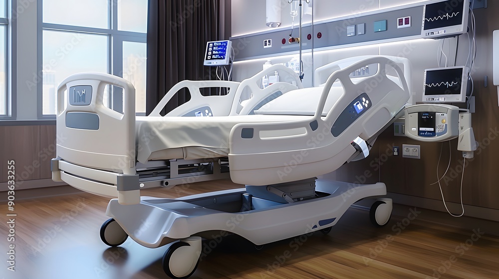 Realism of A hospital using smart beds that adjust automatically for patient comfort and health monitoring. Realism of A hospital using smart beds that adjust automatically for patient comfort and health monitoring.