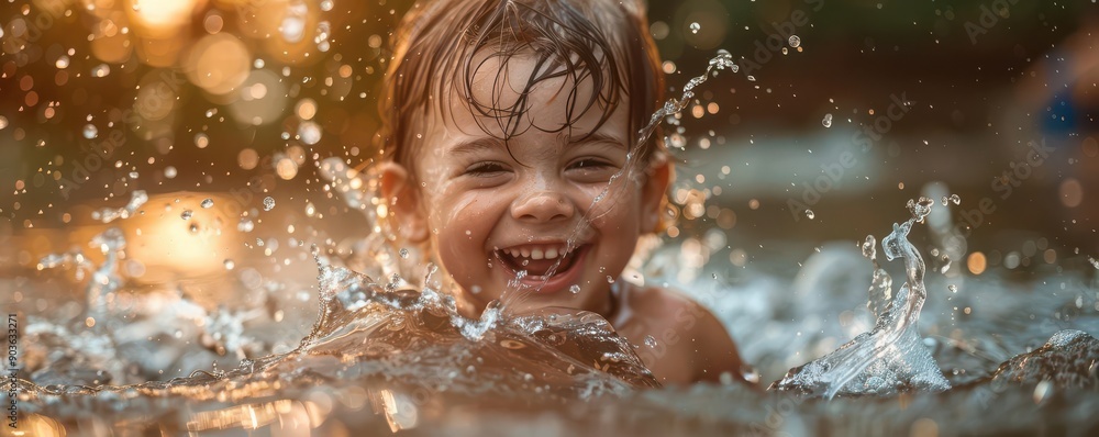 Obraz premium Child with a joyful expression, splashing in a puddle