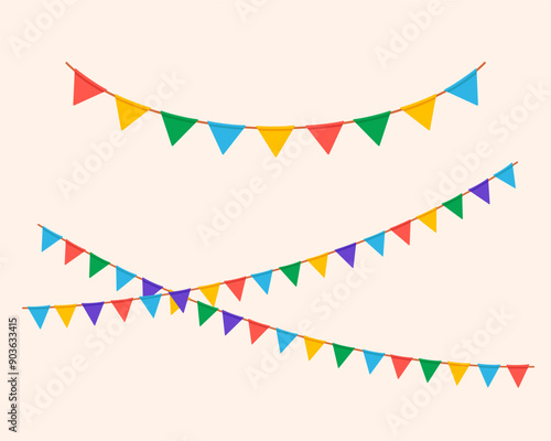 Hanging triangle garlands. Carnival party flags. Vector illustrations set photo