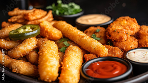 Savoury Delights Platter: Mozzarella Sticks, Onion Rings, Jalapeno Poppers – Dark Restaurant Setting