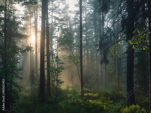 Sunrise in the Misty Forest - A Realistic Nature Photograph