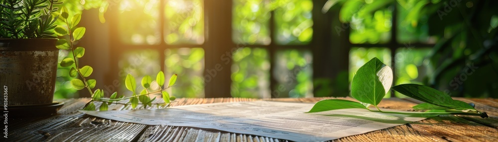 Sunlit Wooden Table with Greenery and Paper in Cozy Room with Large Windows and Natural Light Sunlit Wooden Table with Greenery and Paper in Cozy Room with Large Windows and Natural Light