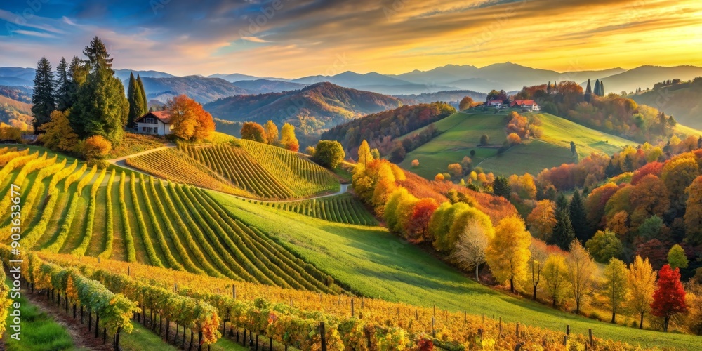 Fototapeta premium Breathtaking autumn vineyards landscape in South Styria near Gamlitz, Austria, vineyards, landscape