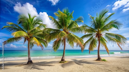 Palm trees swaying in the summer breeze on a tropical beach, tropical, beach, palm trees, summer, sun, sand, ocean, vacation