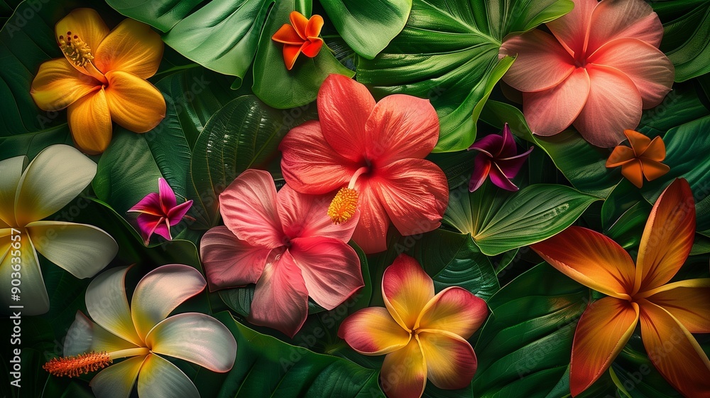 An ultra-realistic close-up of tropical flower lei garlands, with perfect lighting that accentuates the vivid colors and detailed textures of the flowers.
An ultra-realistic close-up of tropical flower lei garlands, with perfect lighting that accentuates the vivid colors and detailed textures of the flowers.