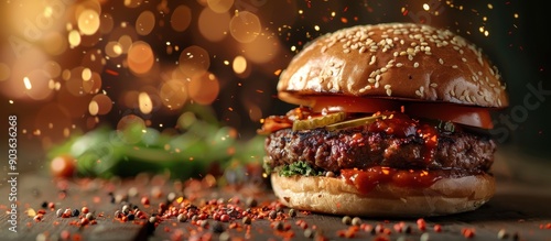 Delicious Gourmet Burger with Fresh Vegetables and Spices on Rustic Wooden Table photo