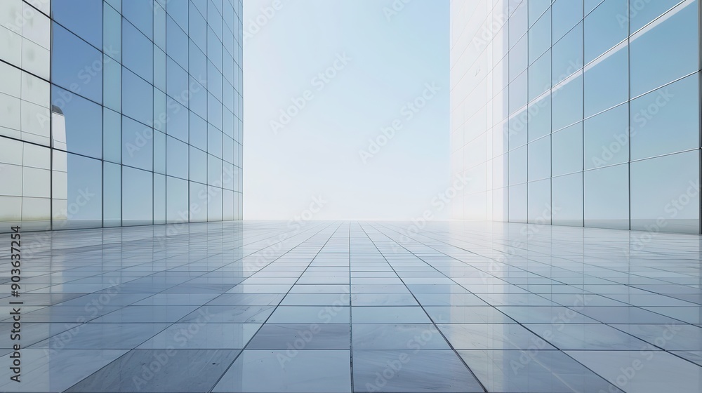 Fototapeta premium Panoramic View of Urban Skyscrapers with Empty Square Floor Tiles in a Modern Cityscape