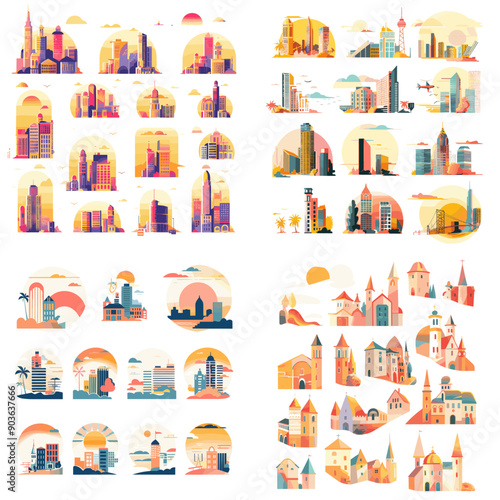 The four sets of cityscape illustrations are all different