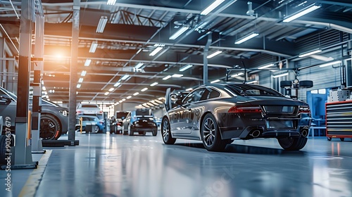 Modern car showroom with black vehicle in center for display of sleek design and premium focus on luxury performance and automotive elegance concept.