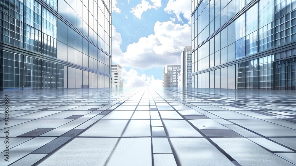 Panoramic View of Urban Skyscrapers with Empty Square Floor Tiles in a Modern Cityscape Panoramic View of Urban Skyscrapers with Empty Square Floor Tiles in a Modern Cityscape