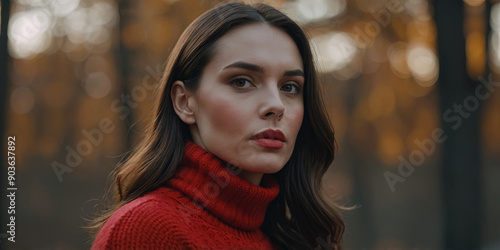 Brunette woman in red turtleneck sweater, fashion beauty and cosmetic. photo